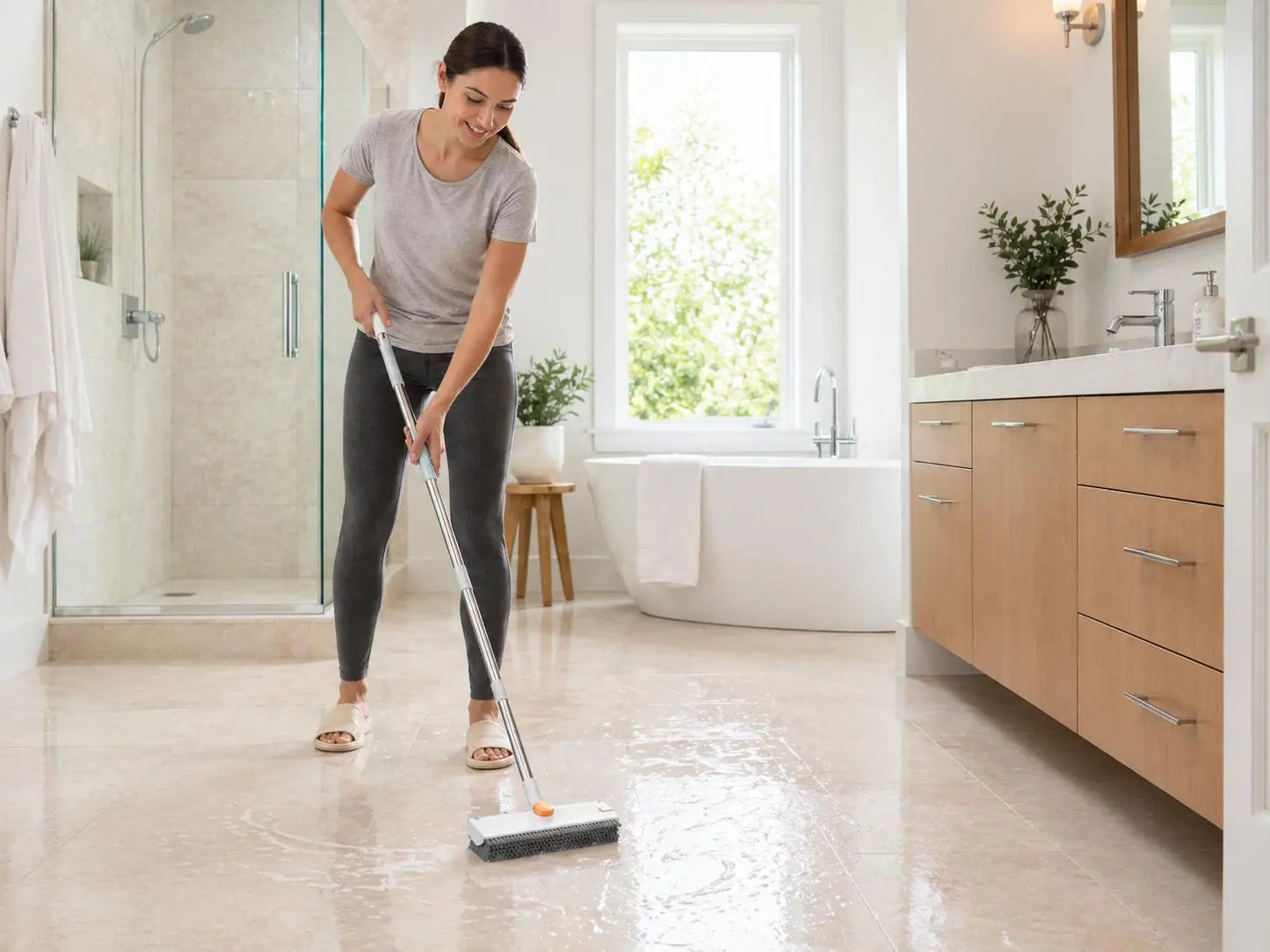 Snofrid 3-In-1 Heavy Duty Stiff Bristle Floor Scrub Brush - 54-In Adjustable Handle Eases Back Strain, Multipurpose Cleaning Tool with Scraper, Interior Cleaning Brush Brooms for Bathroom, Patio, Cleaning Supplies (Orange&White), 360° Deep Clean