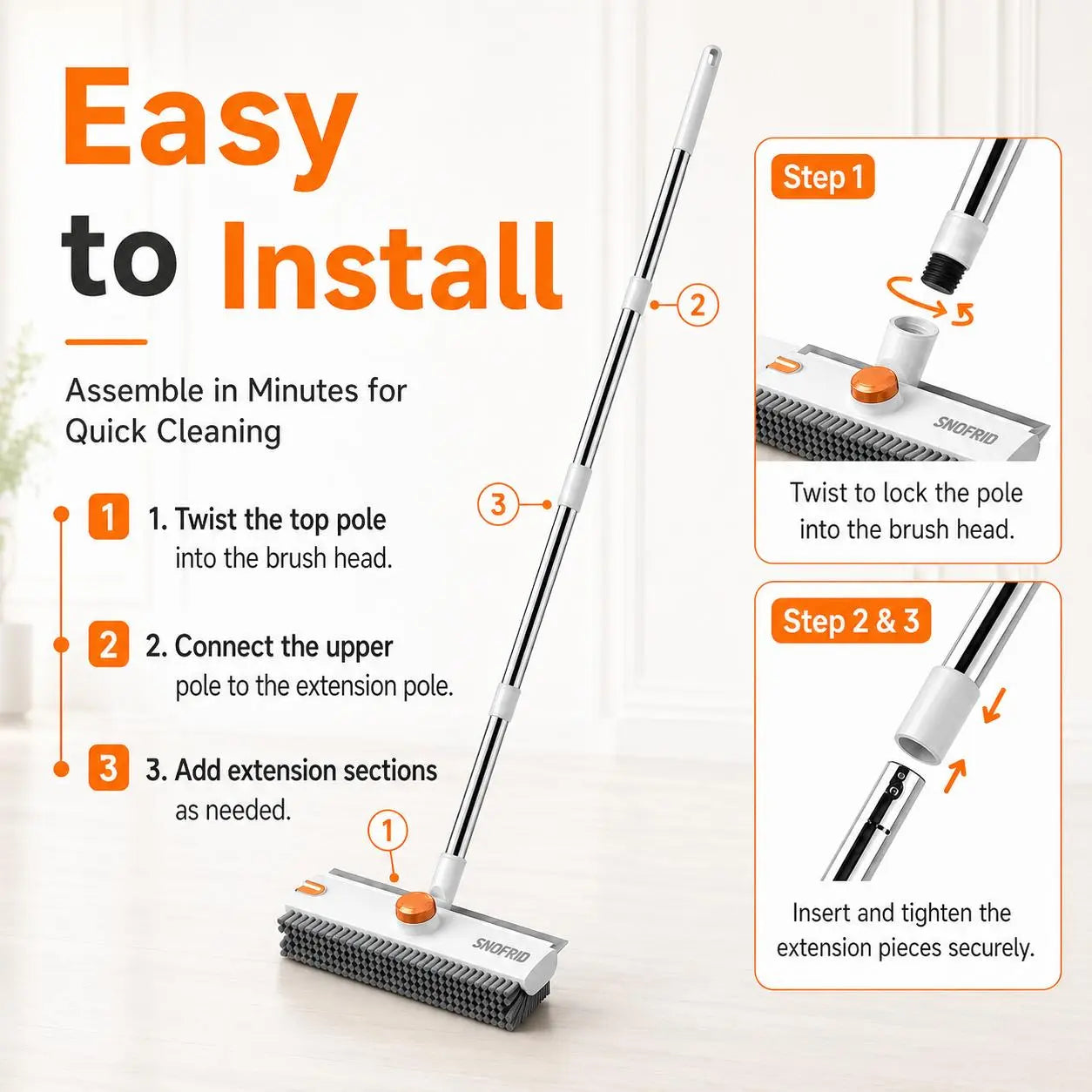 Snofrid 3-In-1 Heavy Duty Stiff Bristle Floor Scrub Brush - 54-In Adjustable Handle Eases Back Strain, Multipurpose Cleaning Tool with Scraper, Interior Cleaning Brush Brooms for Bathroom, Patio, Cleaning Supplies (Orange&White), 360° Deep Clean