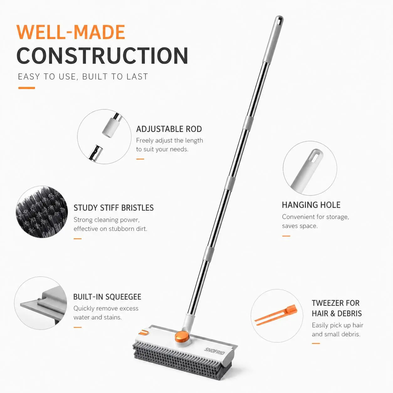 Snofrid 3-In-1 Heavy Duty Stiff Bristle Floor Scrub Brush - 54-In Adjustable Handle Eases Back Strain, Multipurpose Cleaning Tool with Scraper, Interior Cleaning Brush Brooms for Bathroom, Patio, Cleaning Supplies (Orange&White), 360° Deep Clean