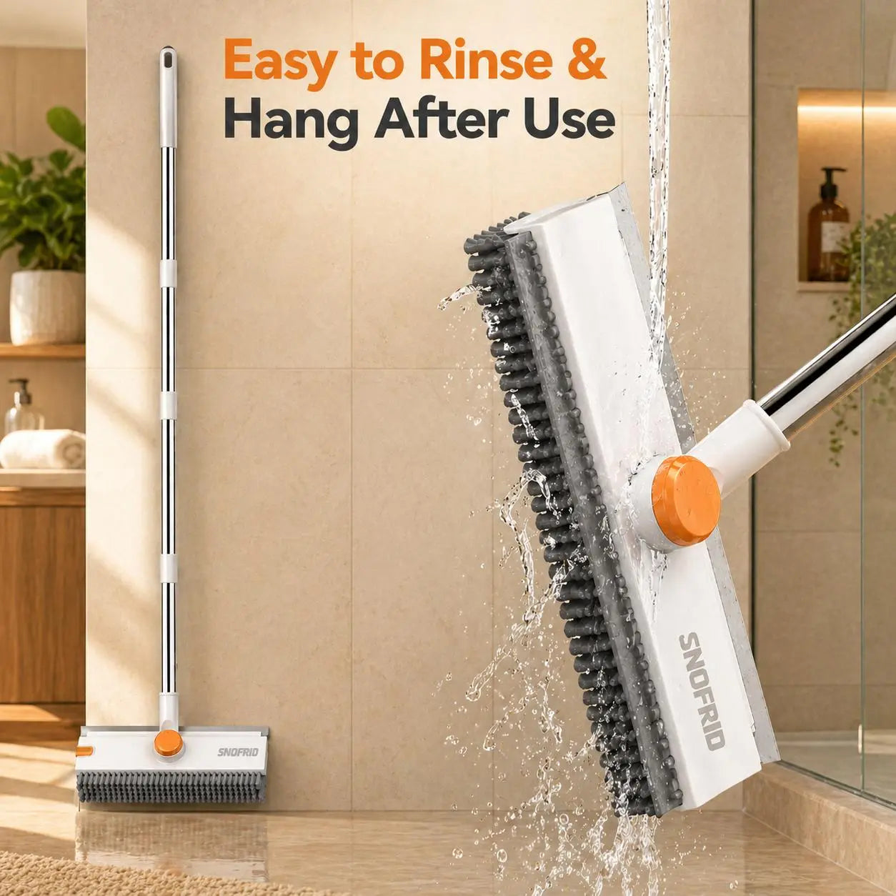 Snofrid 3-In-1 Heavy Duty Stiff Bristle Floor Scrub Brush - 54-In Adjustable Handle Eases Back Strain, Multipurpose Cleaning Tool with Scraper, Interior Cleaning Brush Brooms for Bathroom, Patio, Cleaning Supplies (Orange&White), 360° Deep Clean