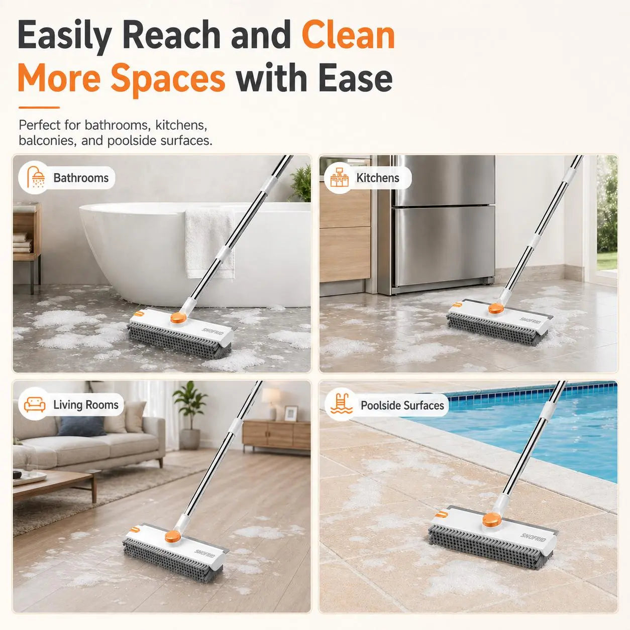Snofrid 3-In-1 Heavy Duty Stiff Bristle Floor Scrub Brush - 54-In Adjustable Handle Eases Back Strain, Multipurpose Cleaning Tool with Scraper, Interior Cleaning Brush Brooms for Bathroom, Patio, Cleaning Supplies (Orange&White), 360° Deep Clean